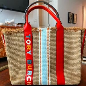 Tory Burch Brown Tote Bag with Red Accents